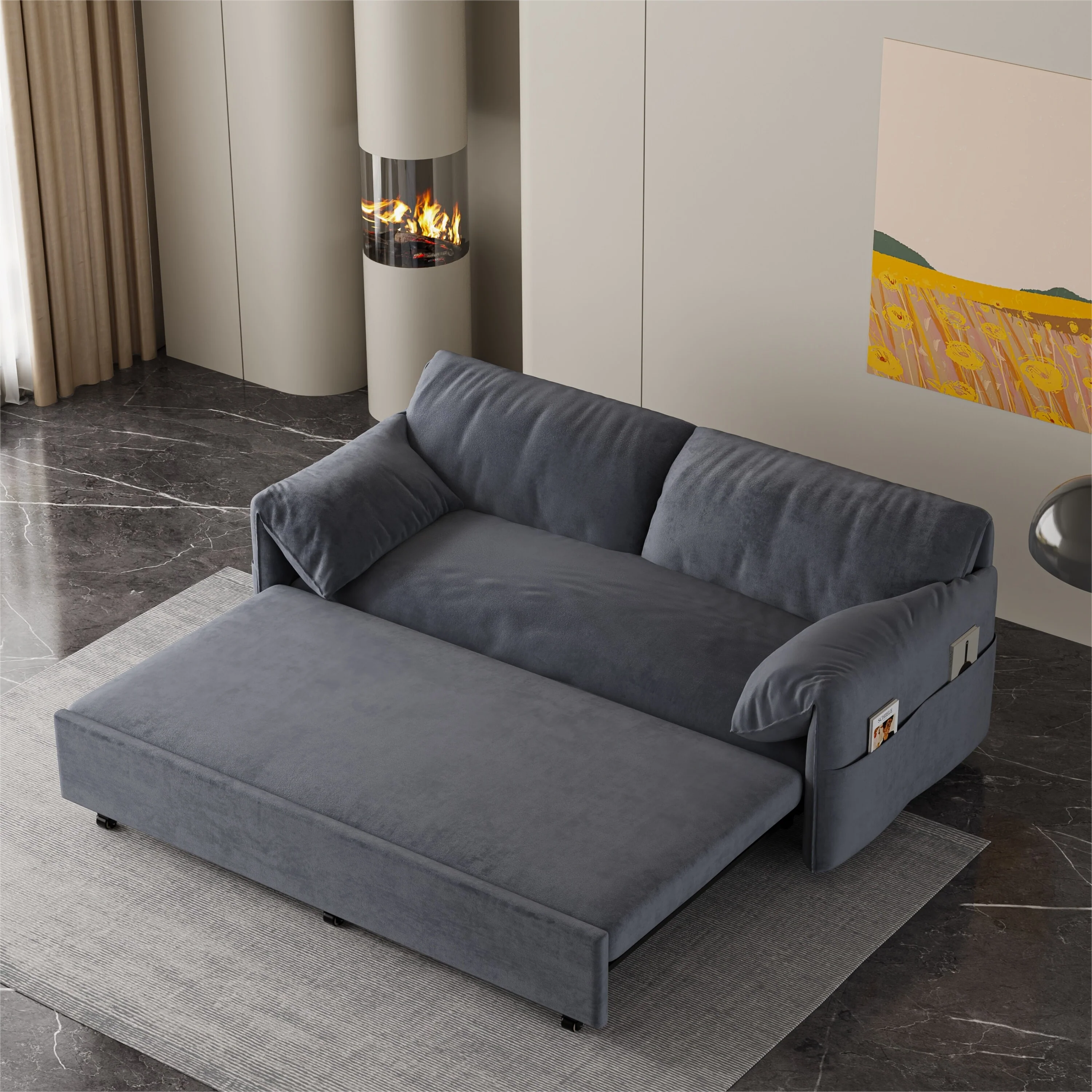 Grey 63.8 3-in-1 Velvet Loveseat Pull Out Sofa Bed with Side Storage for Living Room