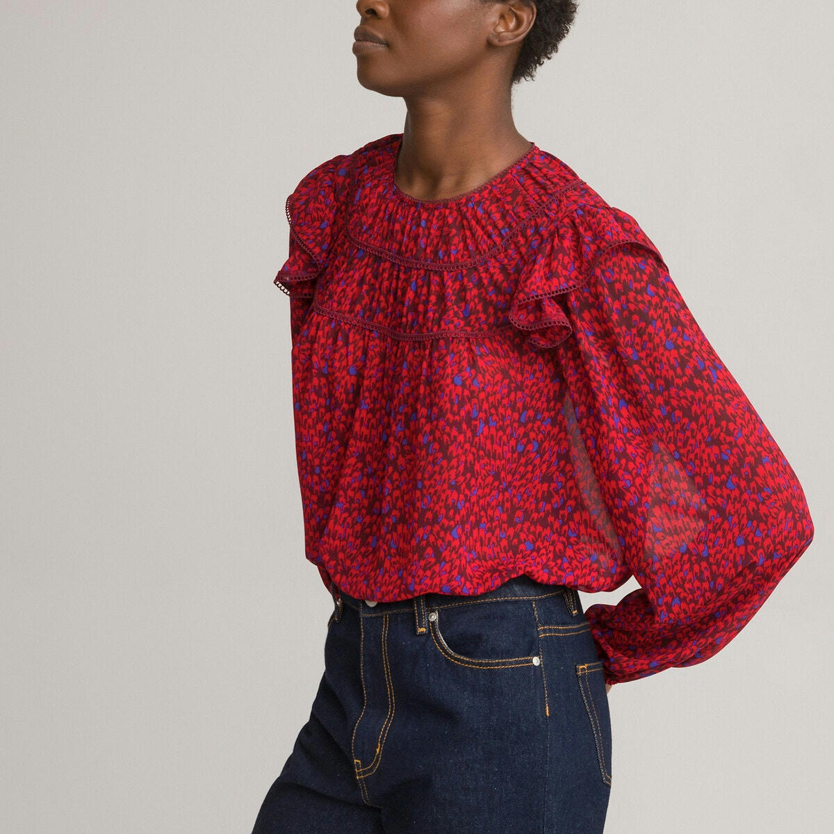 Blouse imprimée col rond, détails volants
