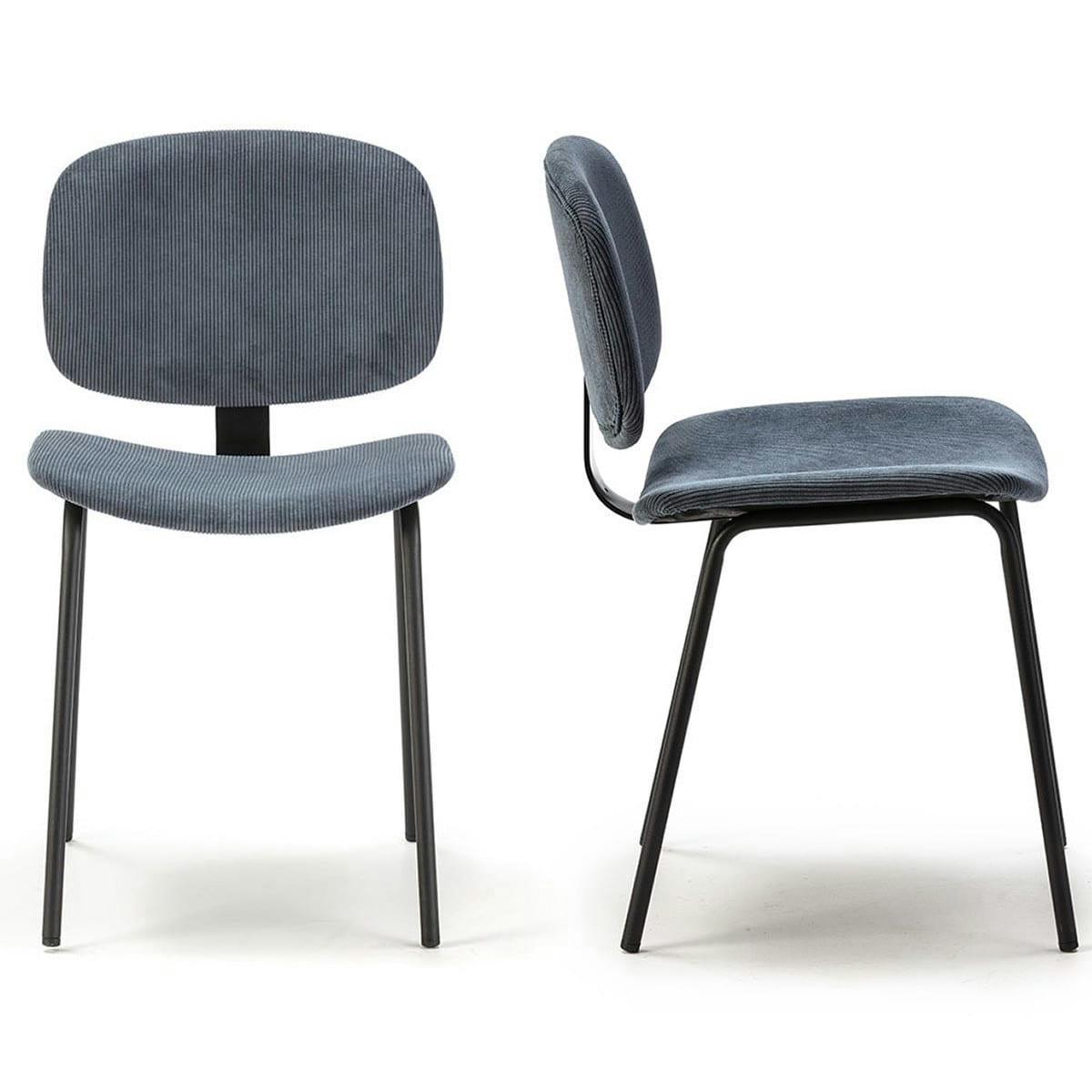 LIV - Lot de 2 chaises en velours côtelé bleu piètement noir