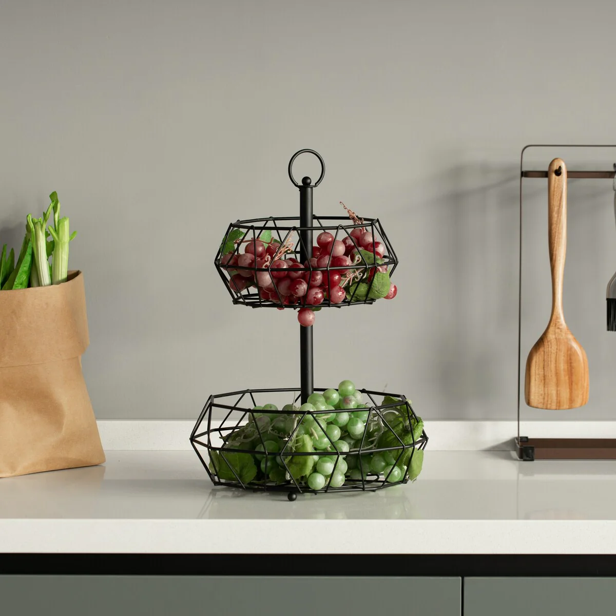 2 Tier Free Standing Countertop Fruit Basket for Kitchen, Detachable Carbon Steel Stable Fruit Storage Organizer
