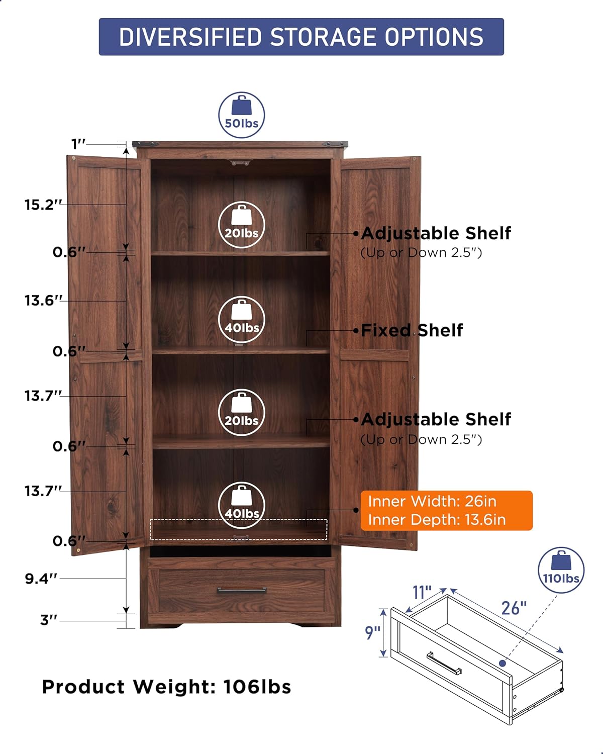 JXQTLINGMU Farmhouse Kitchen Pantry Cabinet - 72 Tall Wood Kitchen Storage Cabinets with Adjustable Shelves & 2 Barn Doors & Drawer, Versatile Storage for Dining Room, Bathroom, Rustic Brown