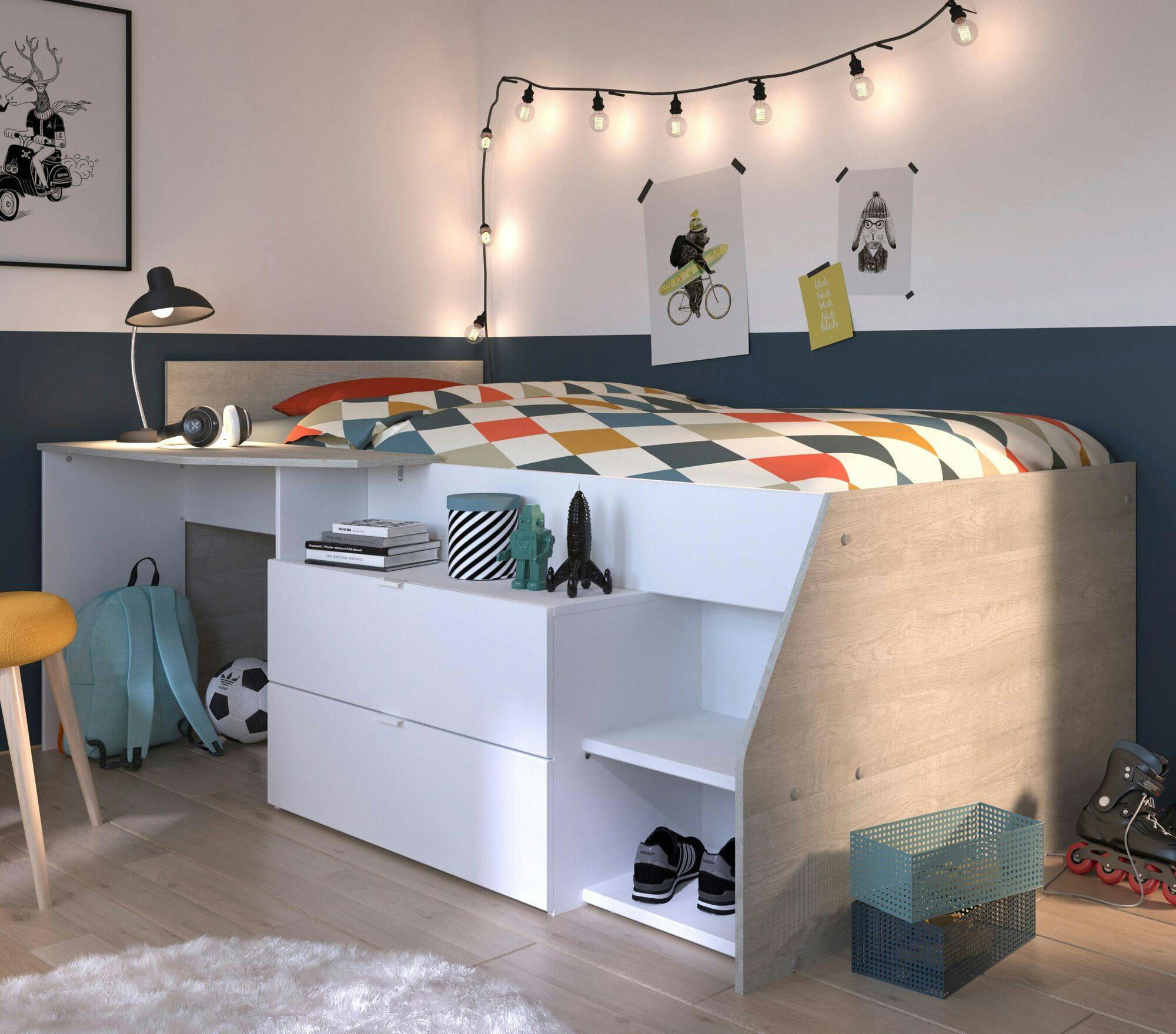 PIERROT - Lit combiné effet bois avec 2 tiroirs et 1 bureau, 90x190 cm