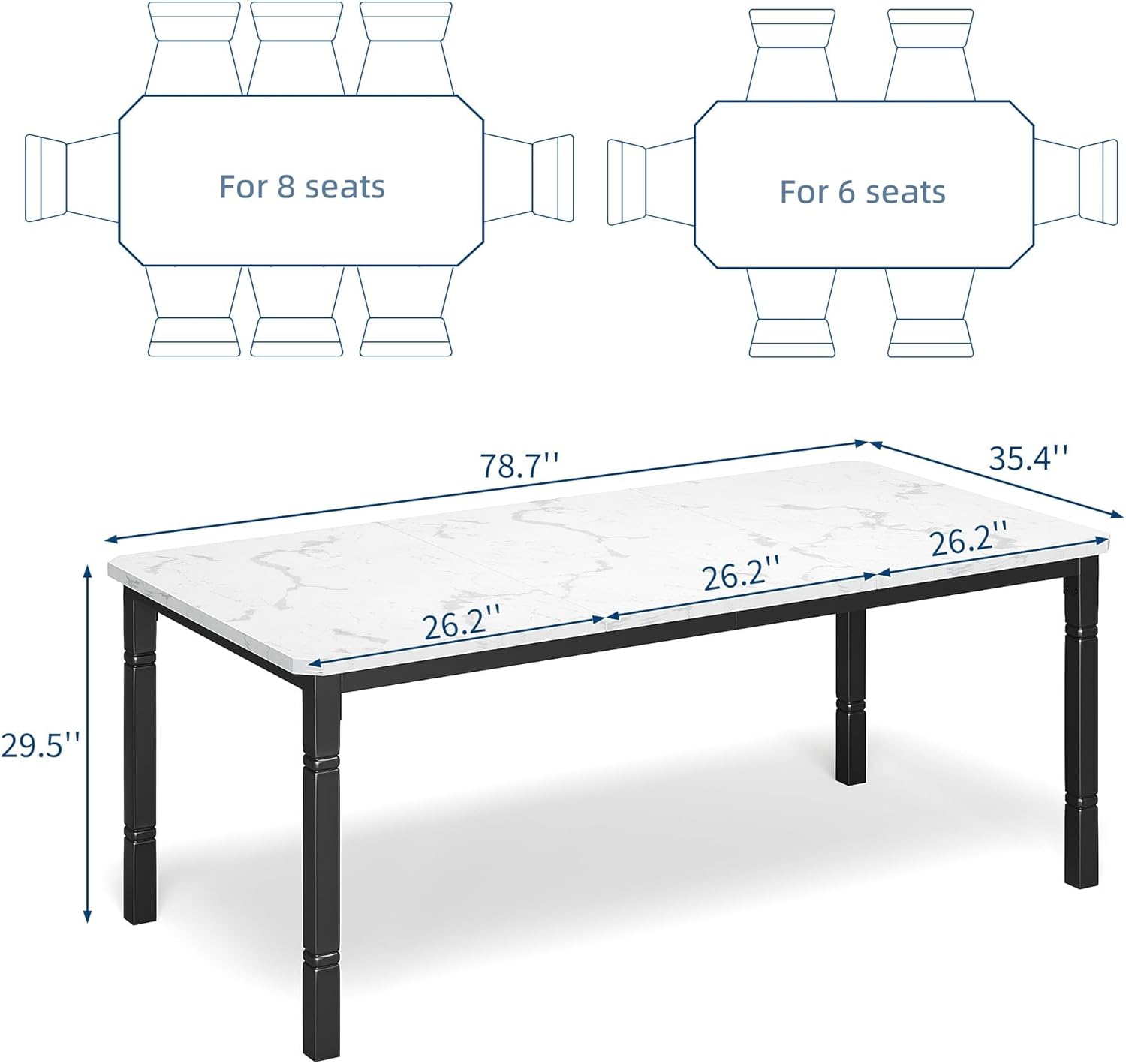IDEALHOUSE 79 Dining Table for 6-8 People, Modern Rectangular Kitchen Table with Sturdy Metal Legs, Large Wood Farmhouse Dining Room Table for Home Office, Conference, Black & Marble White