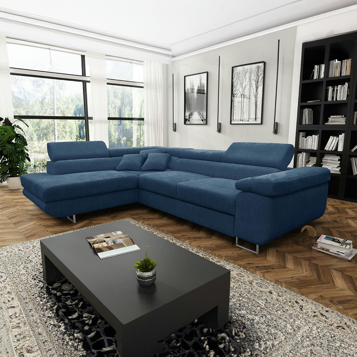 - Canapé d'angle convertible gauche 4 places coffre velours côtelé bleu