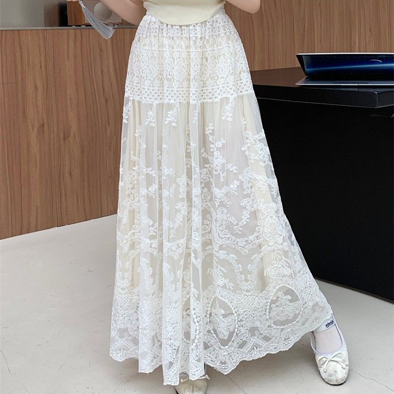 PEACH ACCESSORIES Ivory Elegant Lace Maxi Skirt with Layered Design