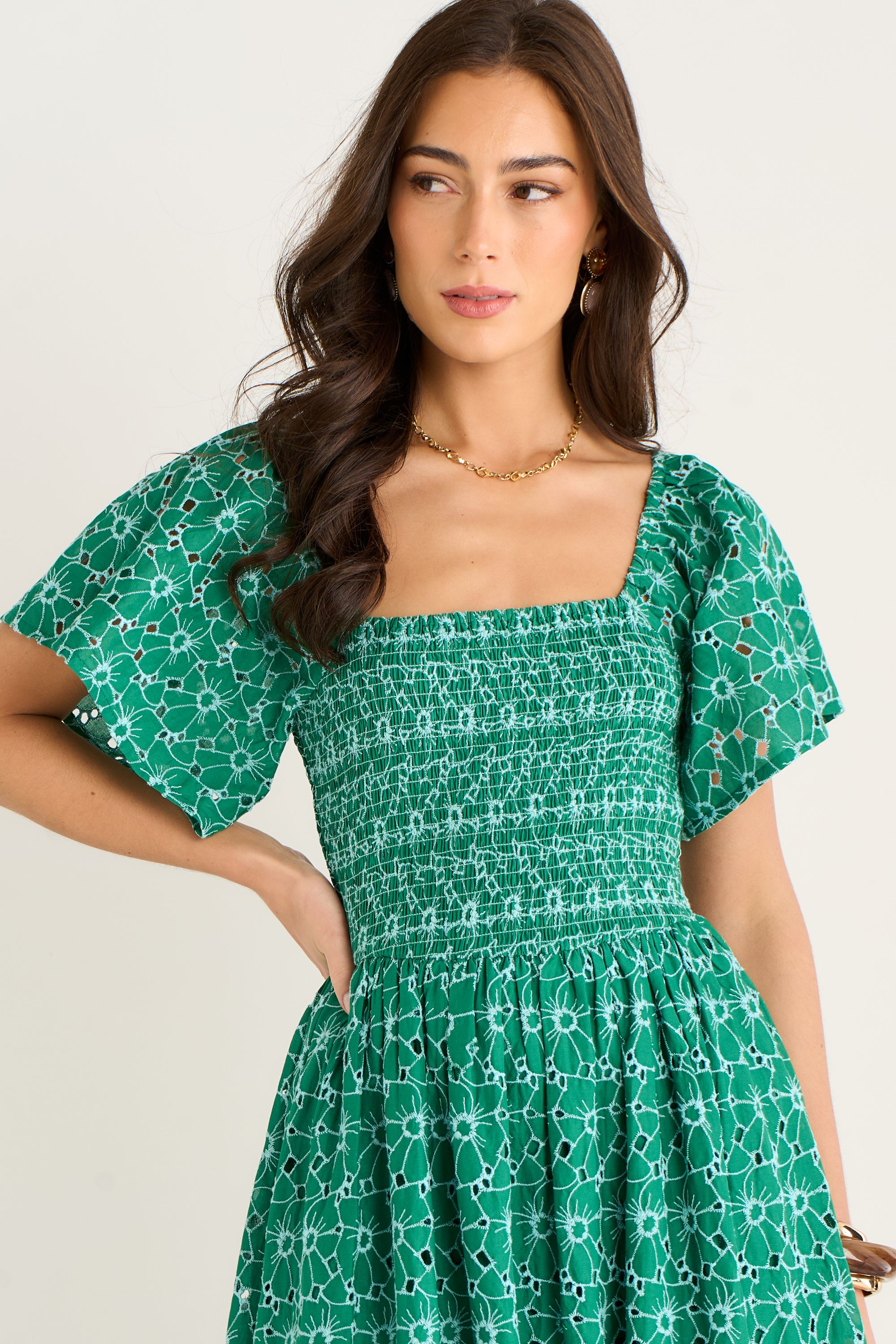 Gini London Green Floral Broderie Shirred Midi Dress