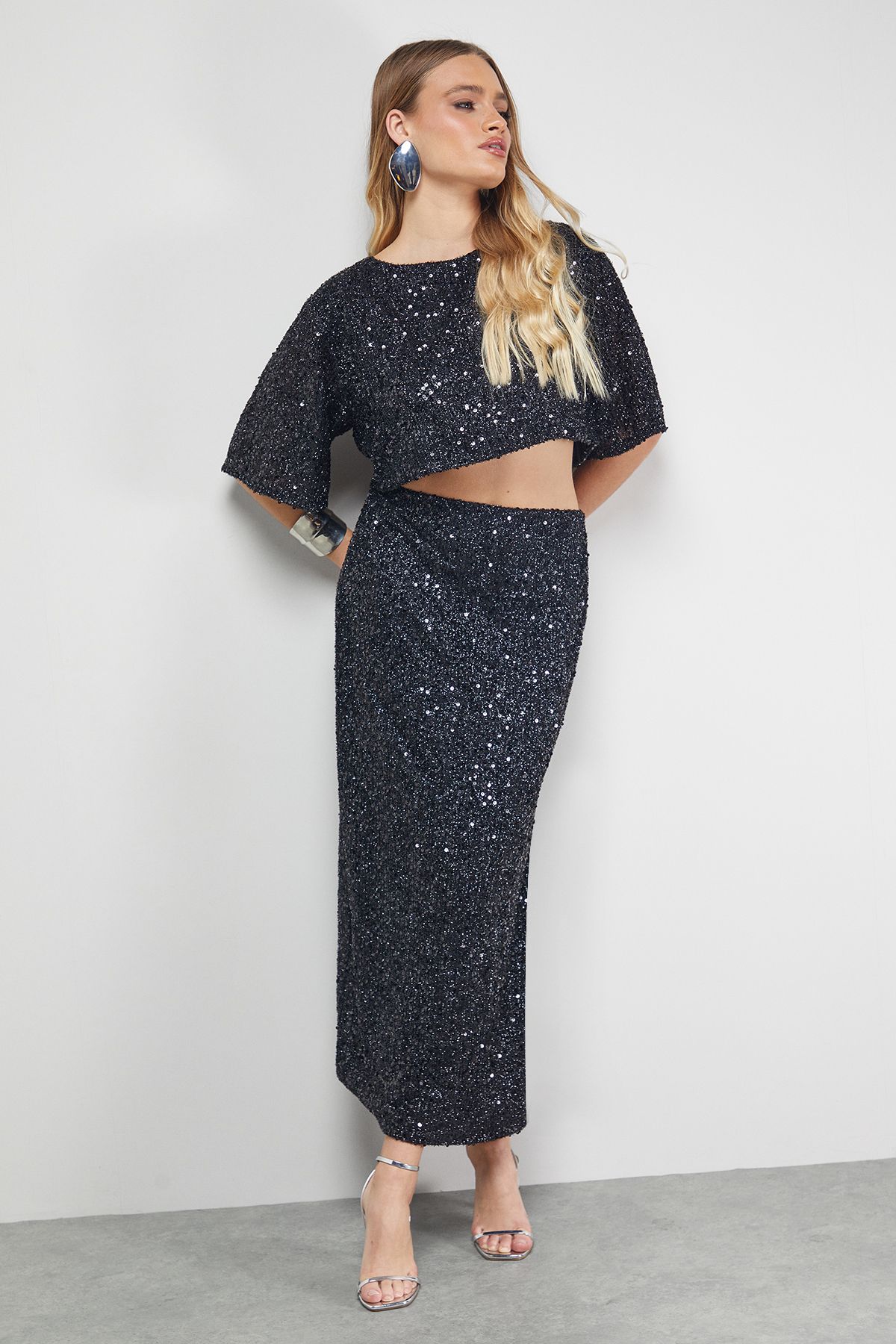 Warehouse Tinsel Sequin Cropped Tshirt Co ord