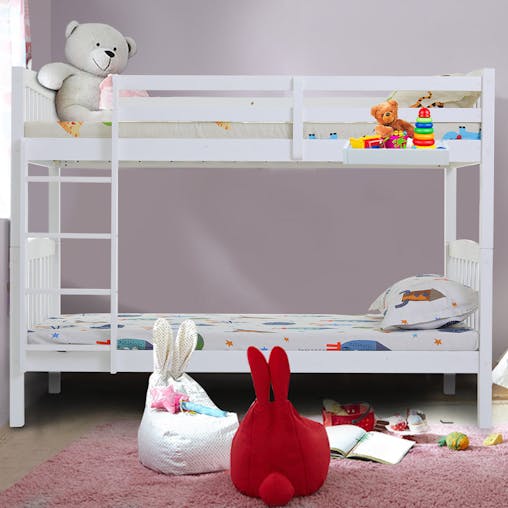 NNEMB Wooden Kids Bunk Bed Frame-with Modular Design that can convert to 2 Single-White