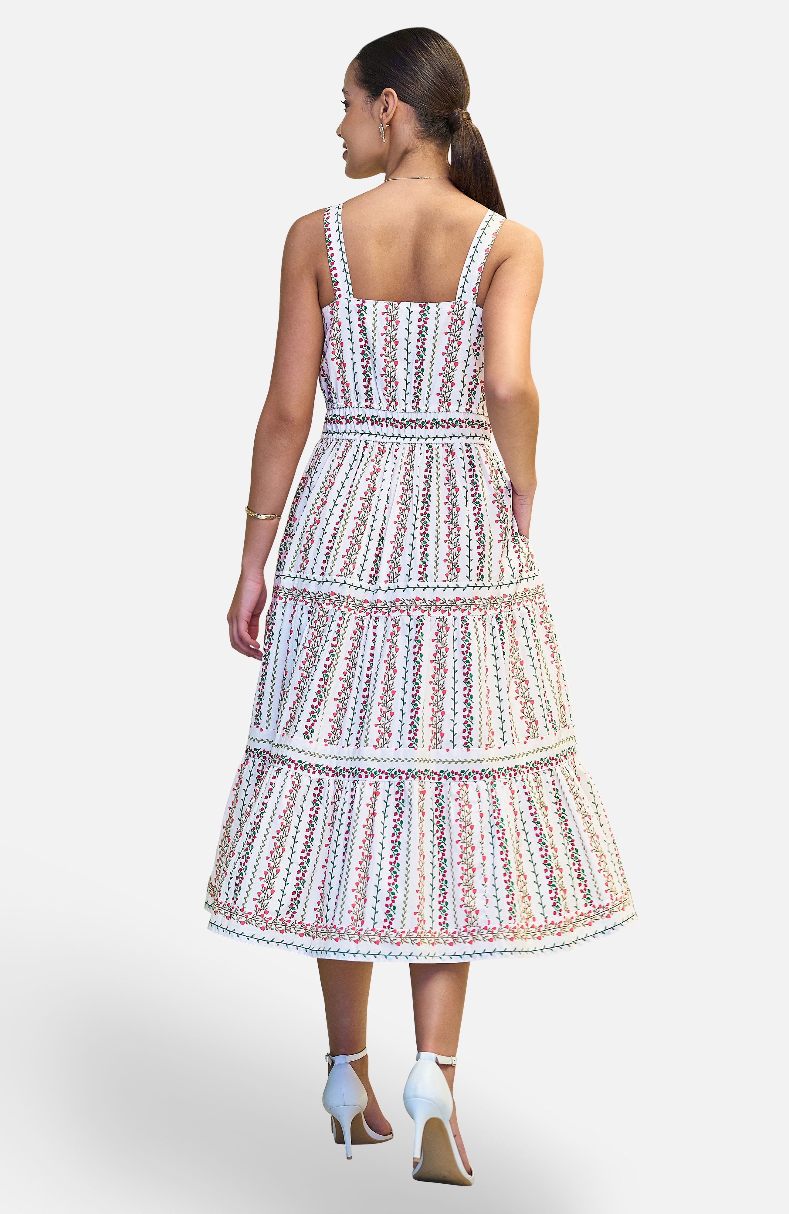 Yumi White Botanical Stripe Midi Dress With Lace Trims