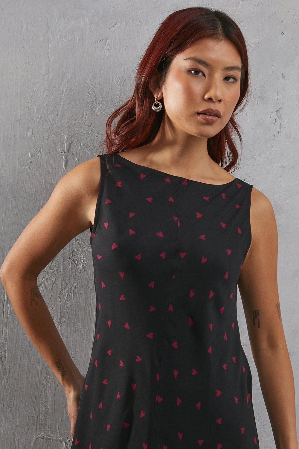 Warehouse Heart Print Chiffon Slash Neck Bias Sleeveless Midi Dress