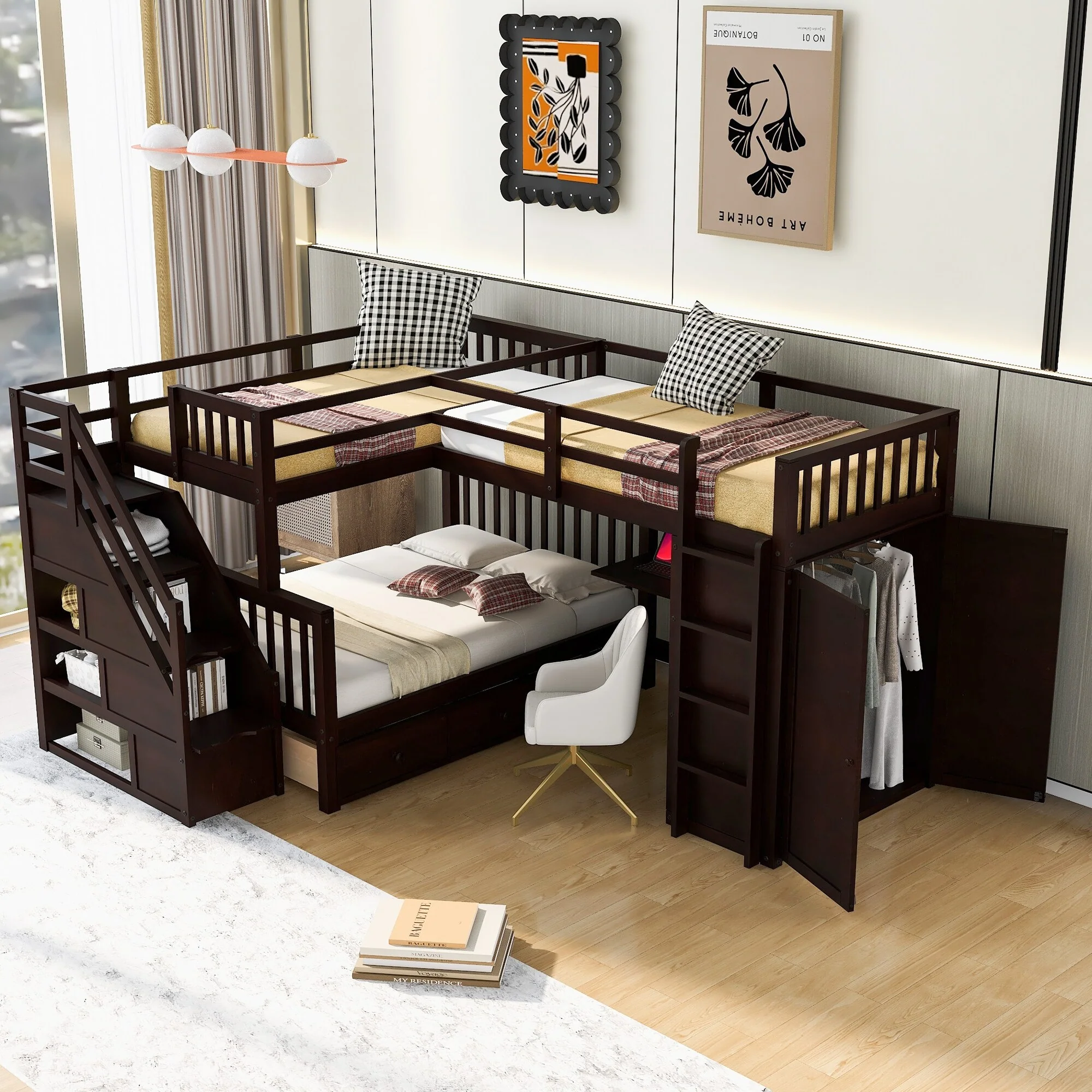 L-Shaped Bunk Bed with Storage Stairs, Fold Desk, Wardrobe, Twin - Twin Over Full Bed with Pull-out Underneath Storage Drawers