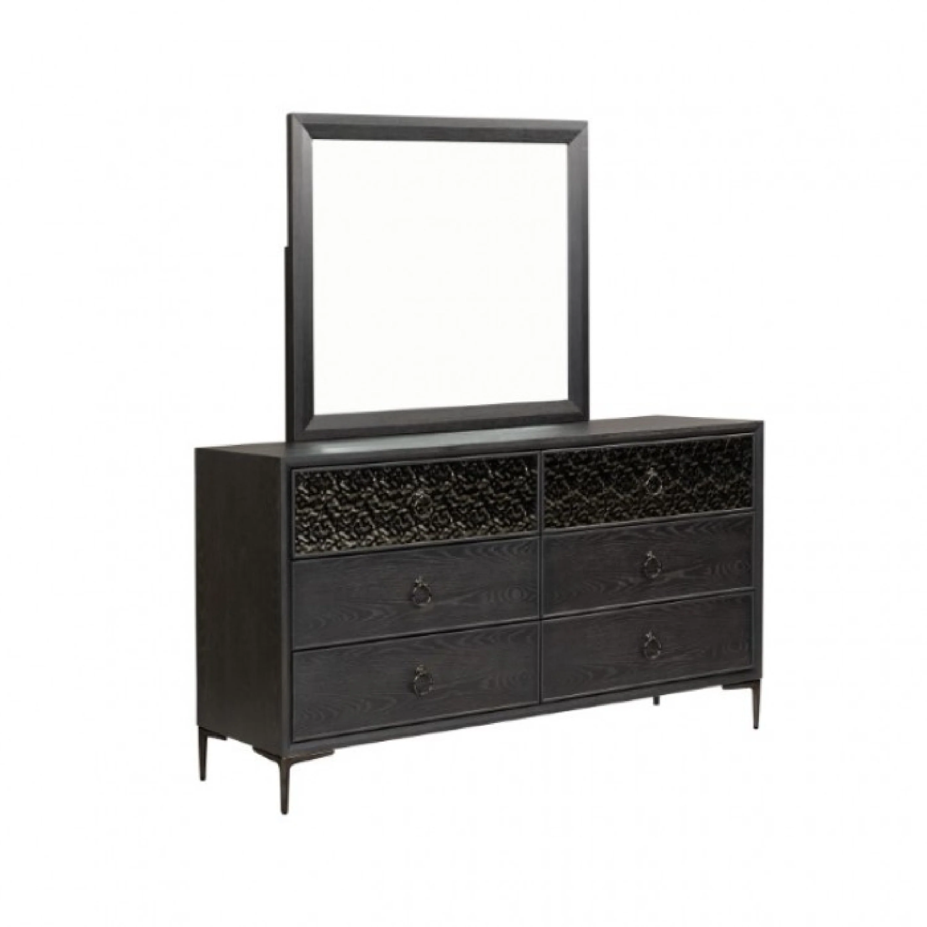 Kaira Wide Dresser with 6 Drawers, Textured Metal, Espresso Brown Wood