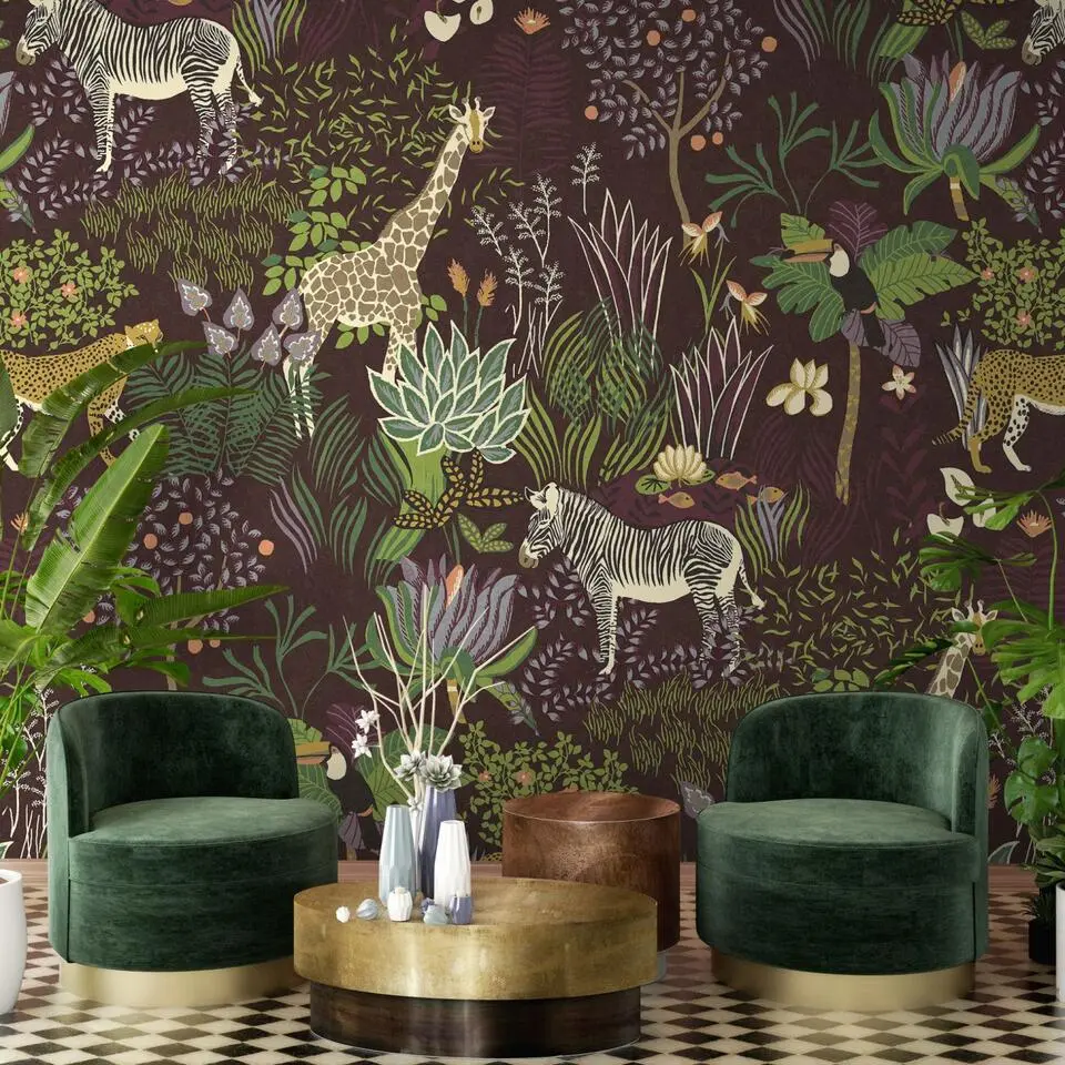 Sanders & Sanders fotobehang jungle dieren groen en aubergine paars