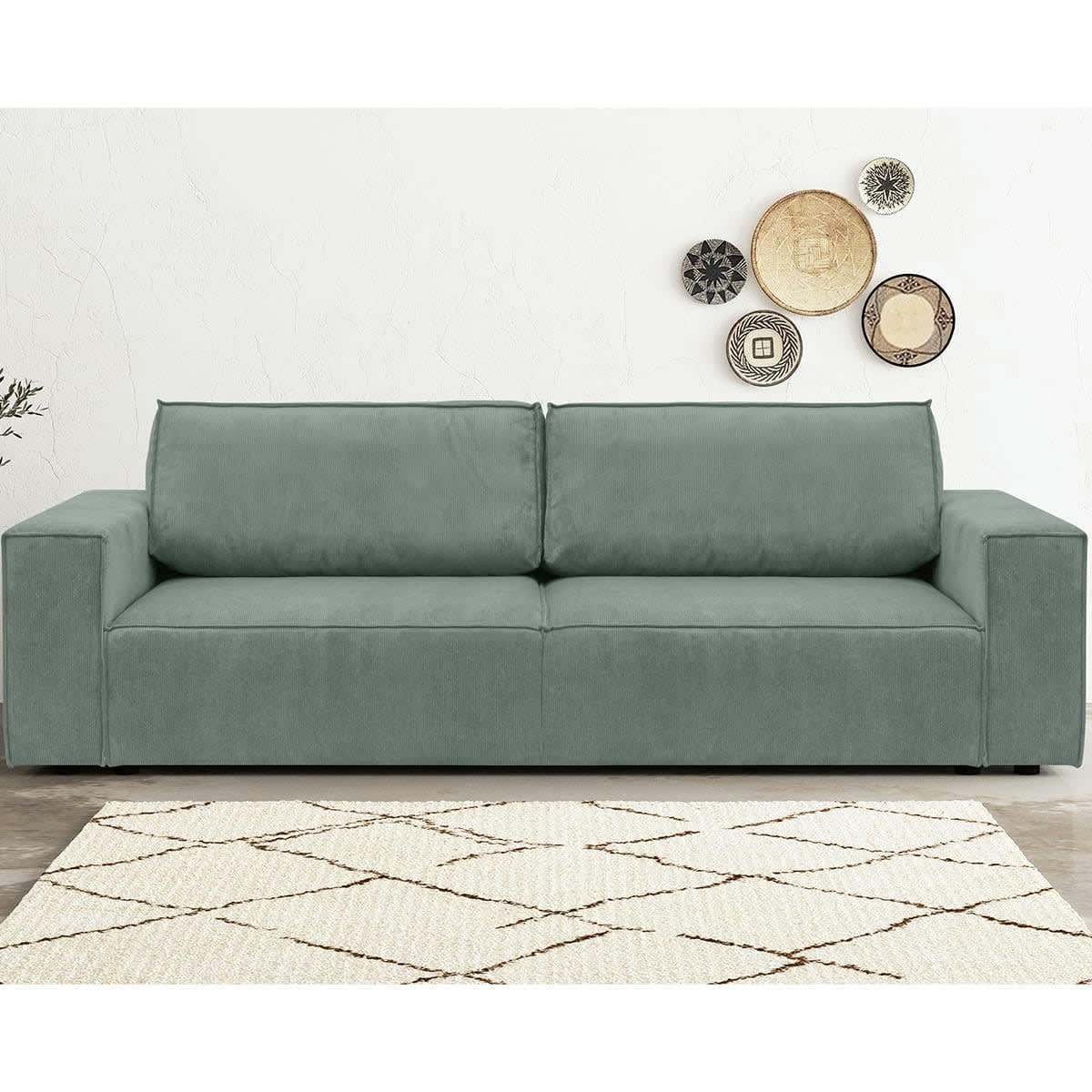 HARPER NEW - Canapé 3 places convertible + coffre en velours fines côtes bleu clair