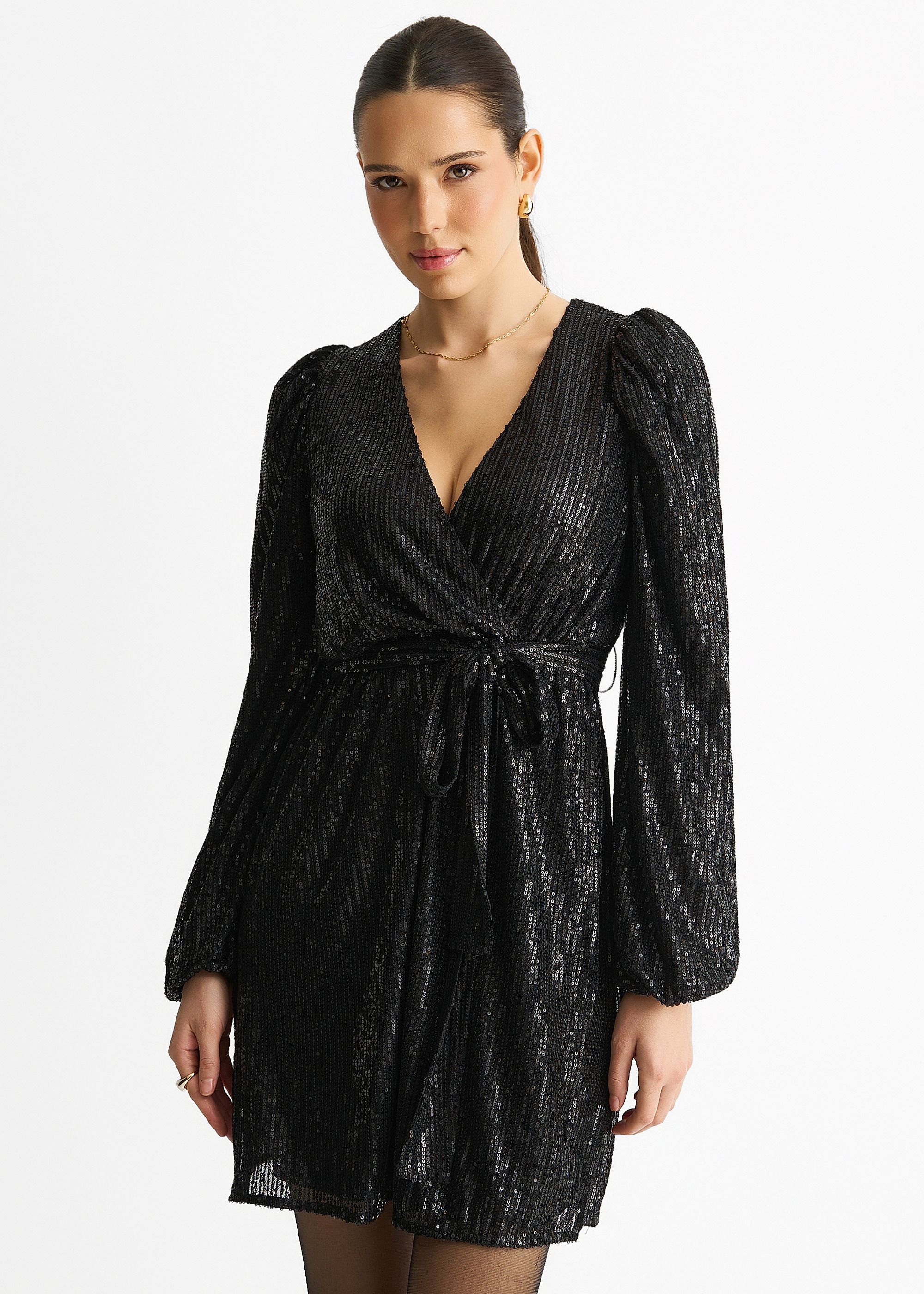Gini London Black Sequin V Neck Belted Mini Dress