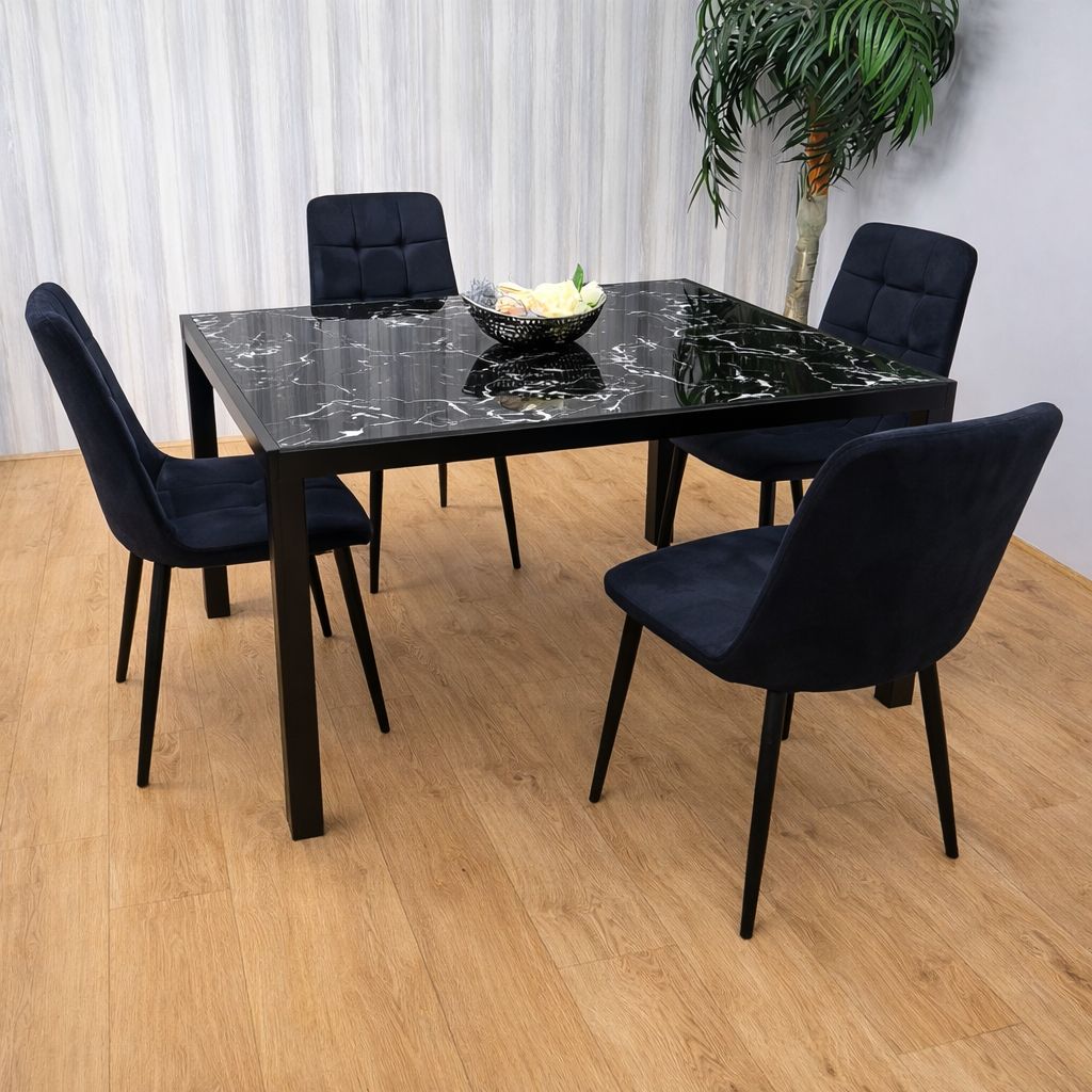 KOSY KOALA Modern Black Marble Effect Dining Table Set With 4 Black Velvet Chairs Dining Room Furniture