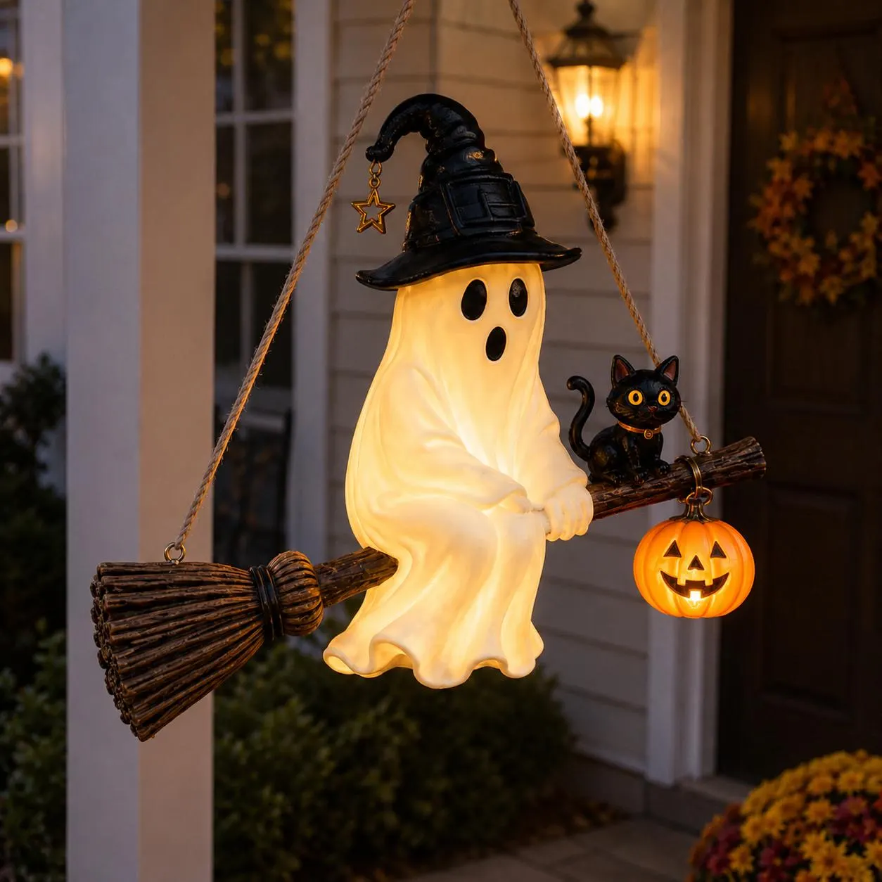 Hanging Ghost Black Cat Pumpkin Lantern, Spooky Outdoor Porch Light, Gothic Halloween Decor