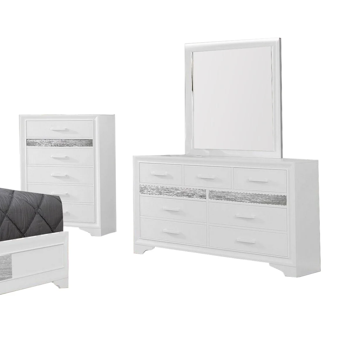 5 Piece Wooden Twin Bedroom Set, White and Silver
