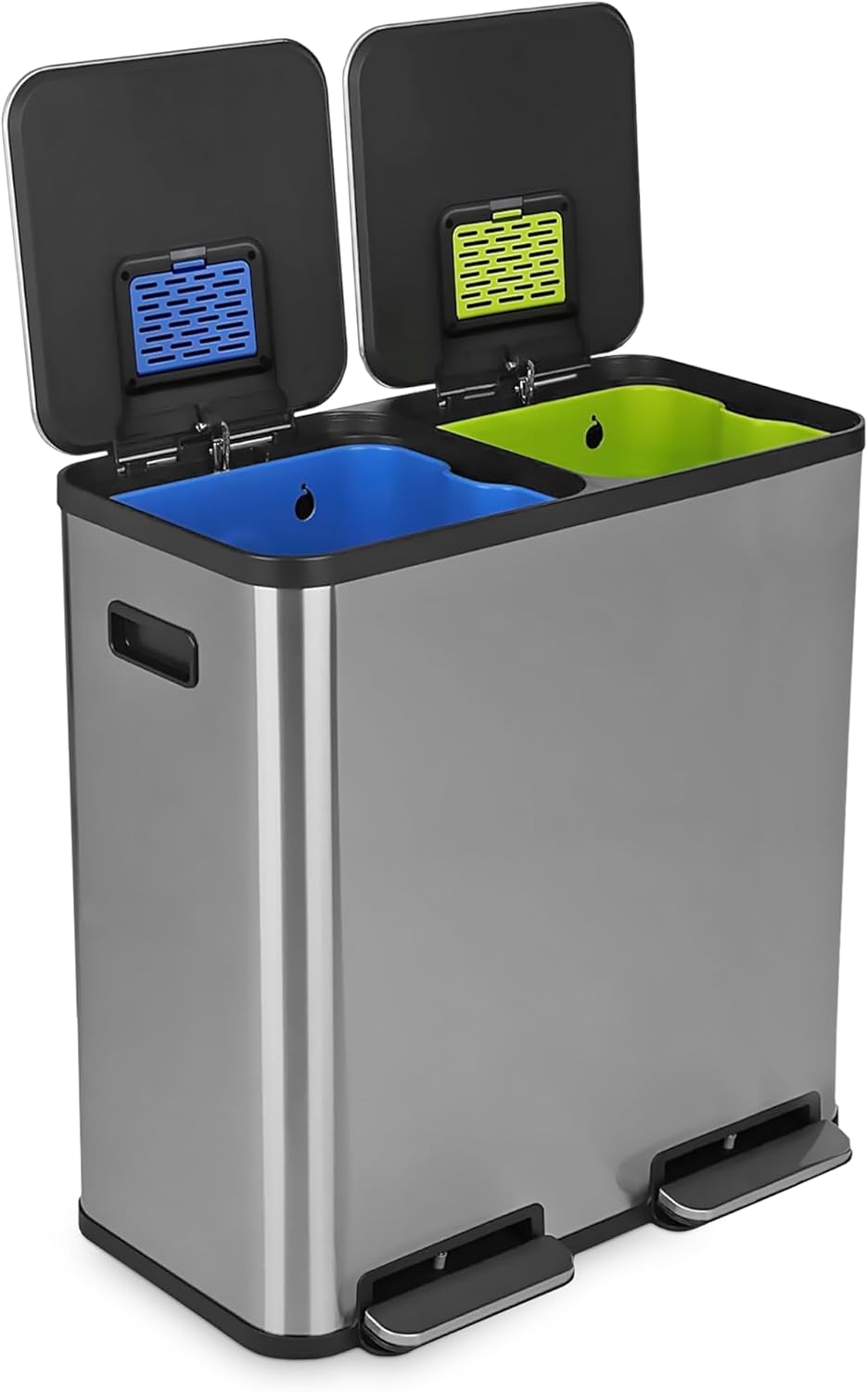 SIMPLI-Magic 21 Gallon (80L) Dual Compartment Kitchen Trash Can - Hands-Free Step Pedal, Soft-Close Lid, Stainless Steel Recycling Bin with Odor Filter (40L + 40L)