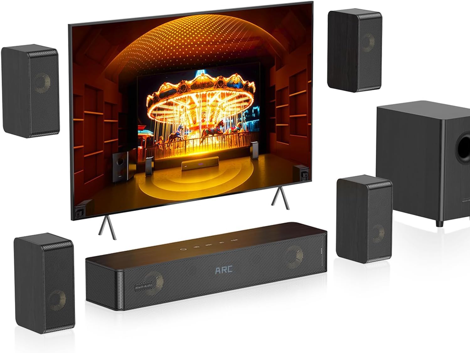 Wooden 5.1.2 Sound Bars, 4 Surround Speakers Wired, Virtual Surround Sound System, Soundbar for Smart TV Speaker w/5.25'' Wired Subwoofer, Home Theater, ARC/Opt/BT/AUX, HiPulse N512