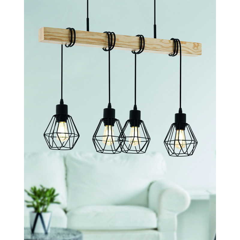 Suspension Townshend noire et chêne E27 4 x 60 W EGLO