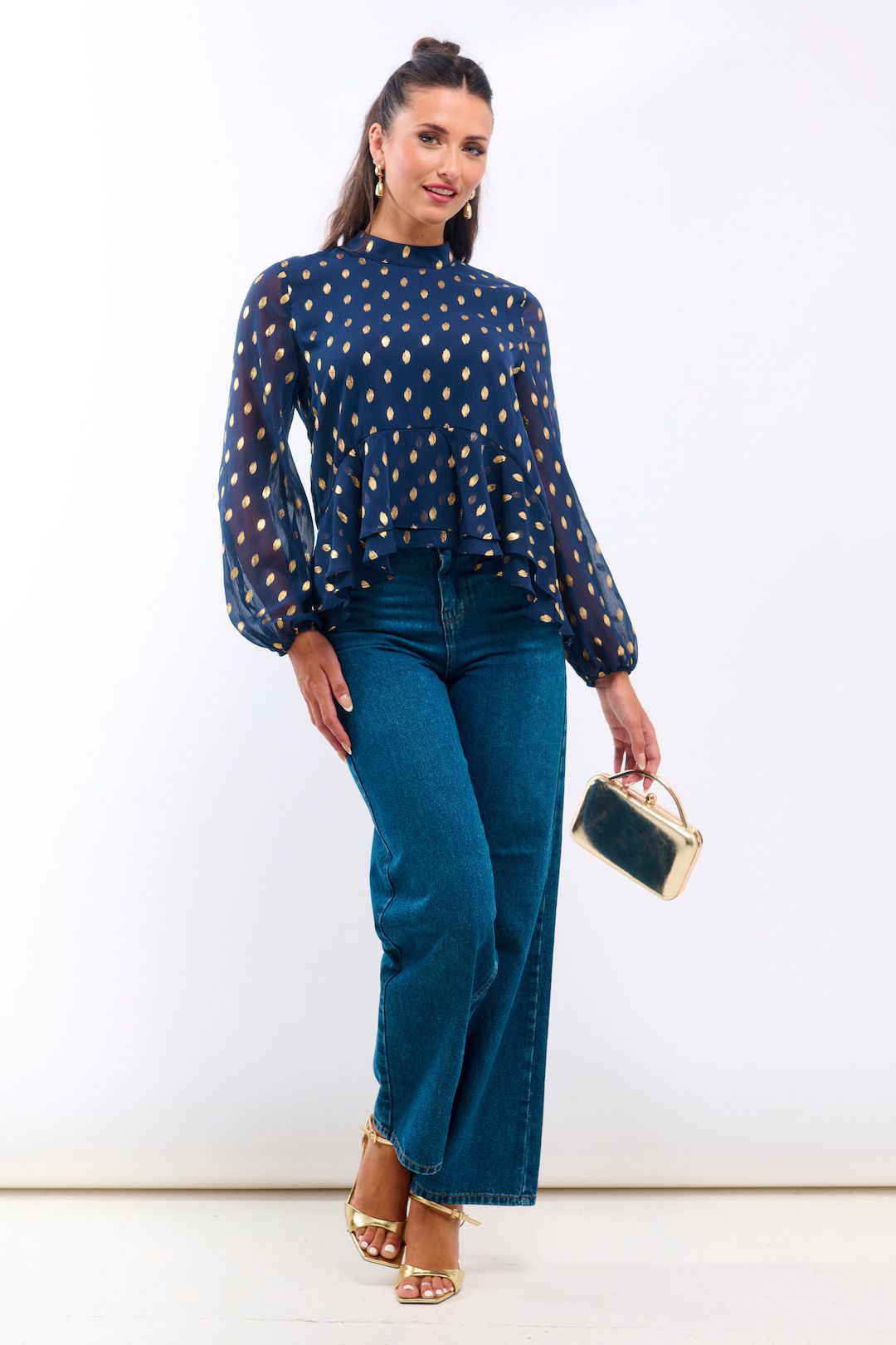 Needs No Label Navy Foil Ruffle Hi Low Blouse