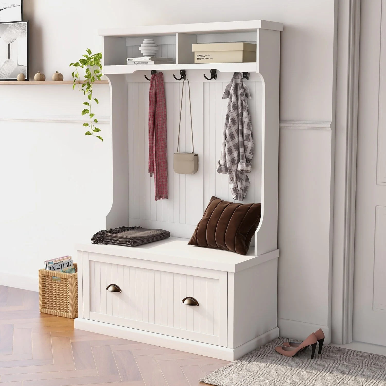 Entryway Hall Tree with 4 Hooks, Storage Bench and Open shelves