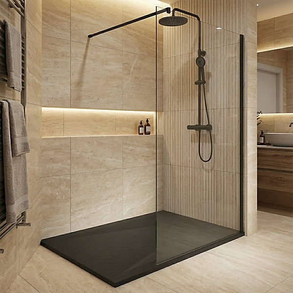 Essential 140x80 cm receveur de douche rectangulaire à poser SMC avec surface effet pierre, noir (CERAES14080B)