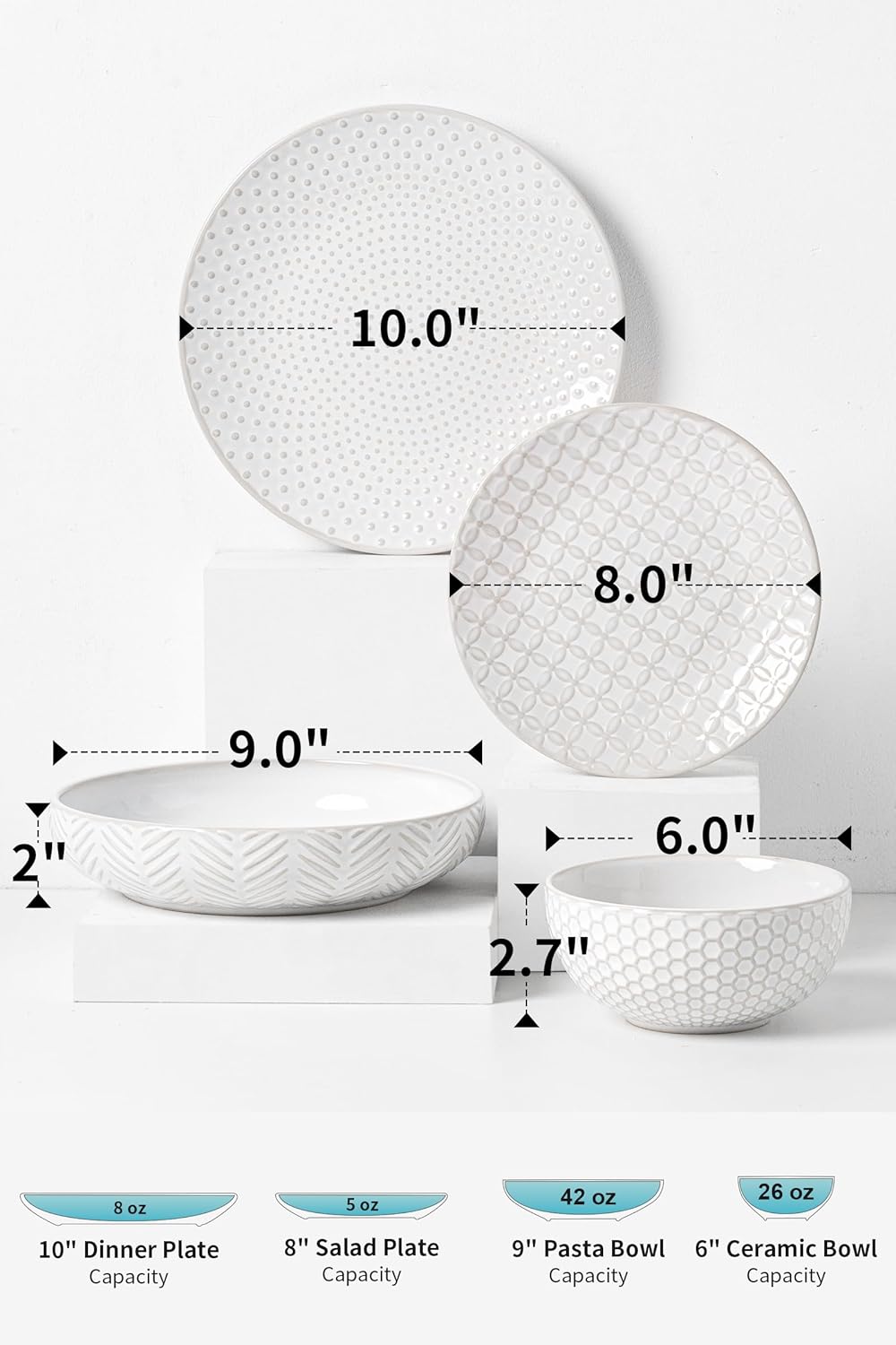 FOBENTA 24-Piece Ceramic Dinnerware Set,Large Plates and Bowls Set for 6,Elegant Dish Set for Families & Entertaining–Microwave & Dishwasher Safe Tableware (Double Bowl)