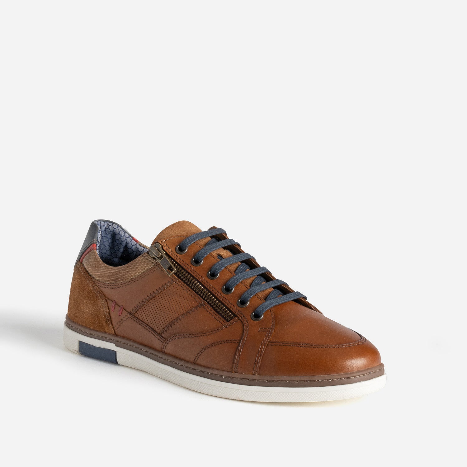 Tennis cognac cuir contrefort bleu marine