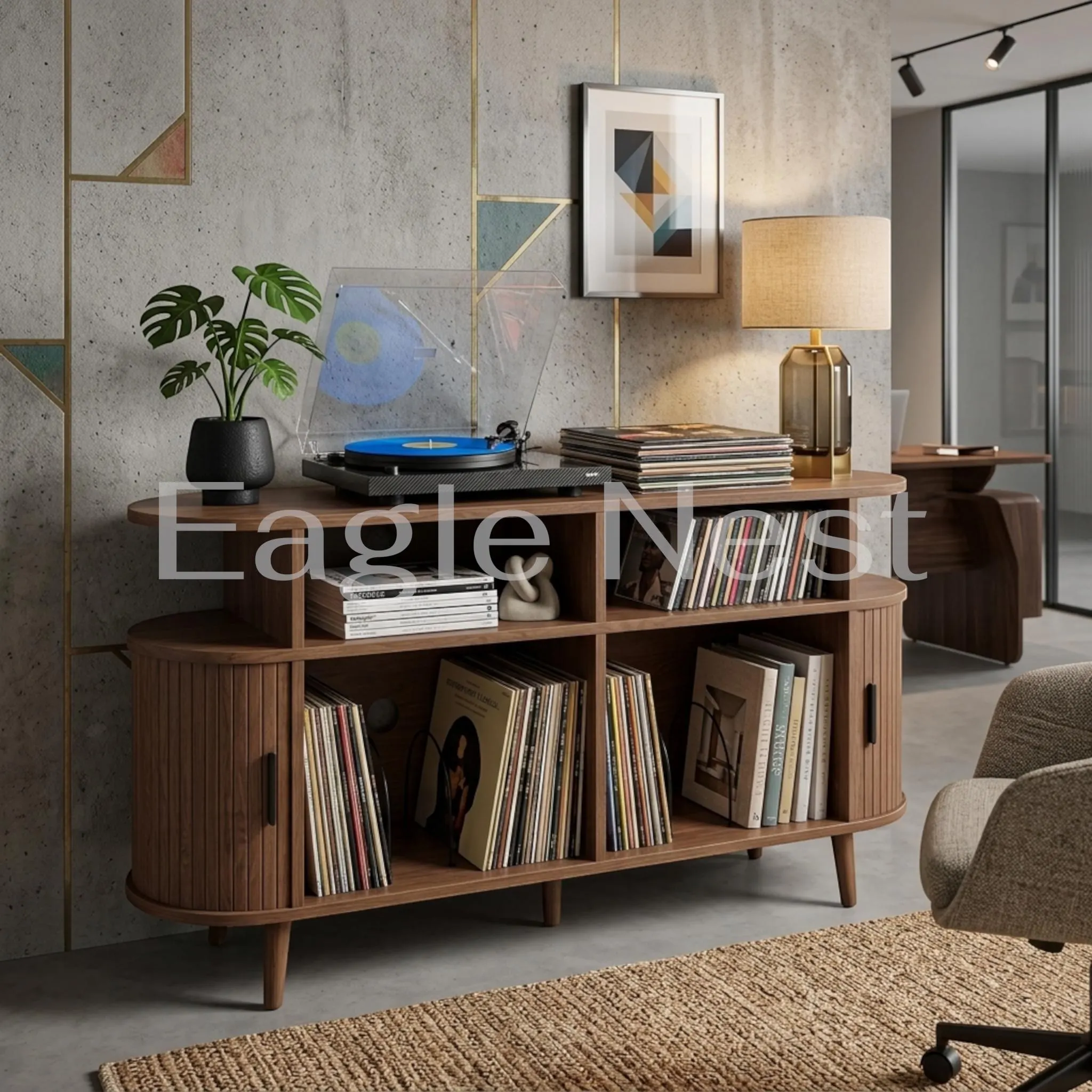 Record Cabinet with Charging Station and Vinyl Storage, Walnut Record Shelf with 3 Open Compartments, Turntable Stand and Album Organizer