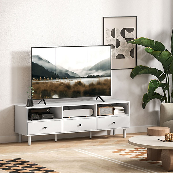 Meuble TV 140 Cm Avec Tiroirs, 3 Compartiments Ouverts, Convient Aux Téléviseurs Jusqu'à 75