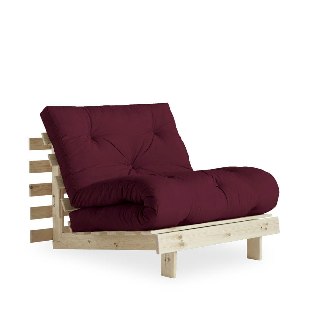 ROOTS - Fauteuil convertible 90x200cm en bois naturel et tissu bordeaux