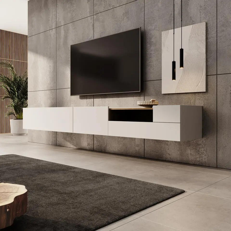 Meubella - Lavar - TV-meubel - Wit/Eiken - 269x41x32 cm