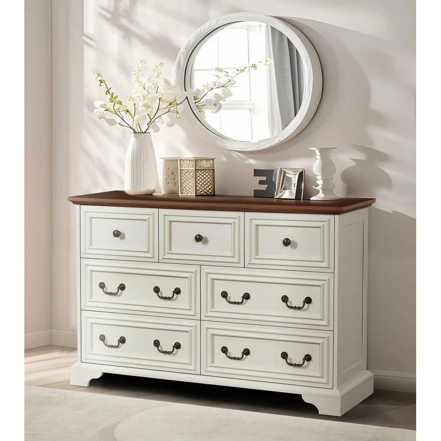 7 Drawers Dresser for Bedroom, Multi-functiona Wooden Storage Cabinet, Clothing Organizer with Roman Column Handles
