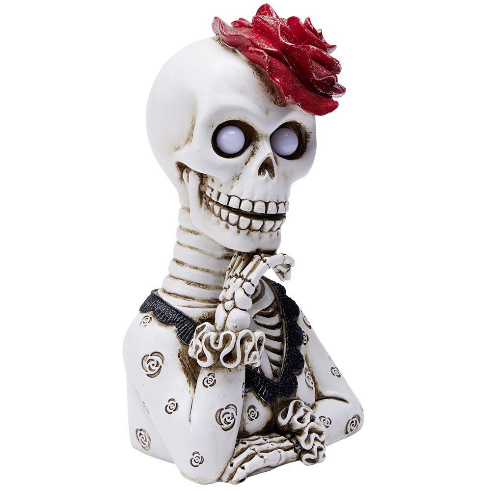Squelette lady Halloween LED polyrésine noir et blanc avec rose rouge