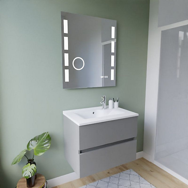 Meuble vasque ROSALY INOX 70 cm   miroir LED Excell Plus- Gris- Plan vasque en Résine