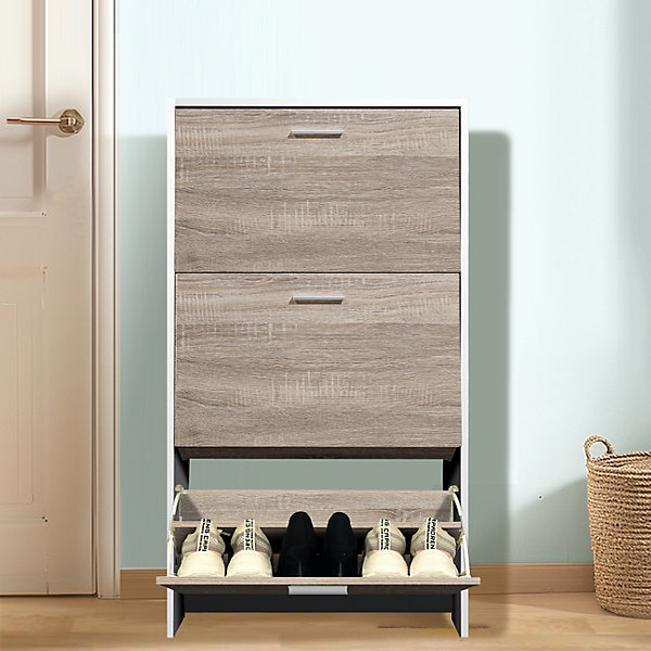 CASABEL Meuble de Rangement à Chaussure 18 Paires - Grande Capacité pour Entrée - L60xP24xH113 cm - Portes Bois Clair Cadre Blanc