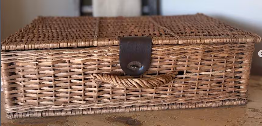Vintage French Wicker Picnic Basket 1960s, Woven Willow Malle de Pique-Nique Trunk; Leather/Brass Latch, Spring Hinges, Country French Decor