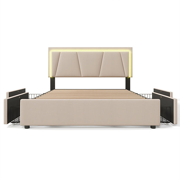 Lit adulte lit 140x200 cm lit rembourré lit eclairage led lit 4 tiroirs lit sommier à lattes en bois lit double lin beige