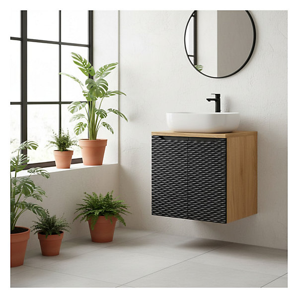 Ensemble de salle de bain YOKA noir : meuble sous vasque à placards 60 cm et plan vasque