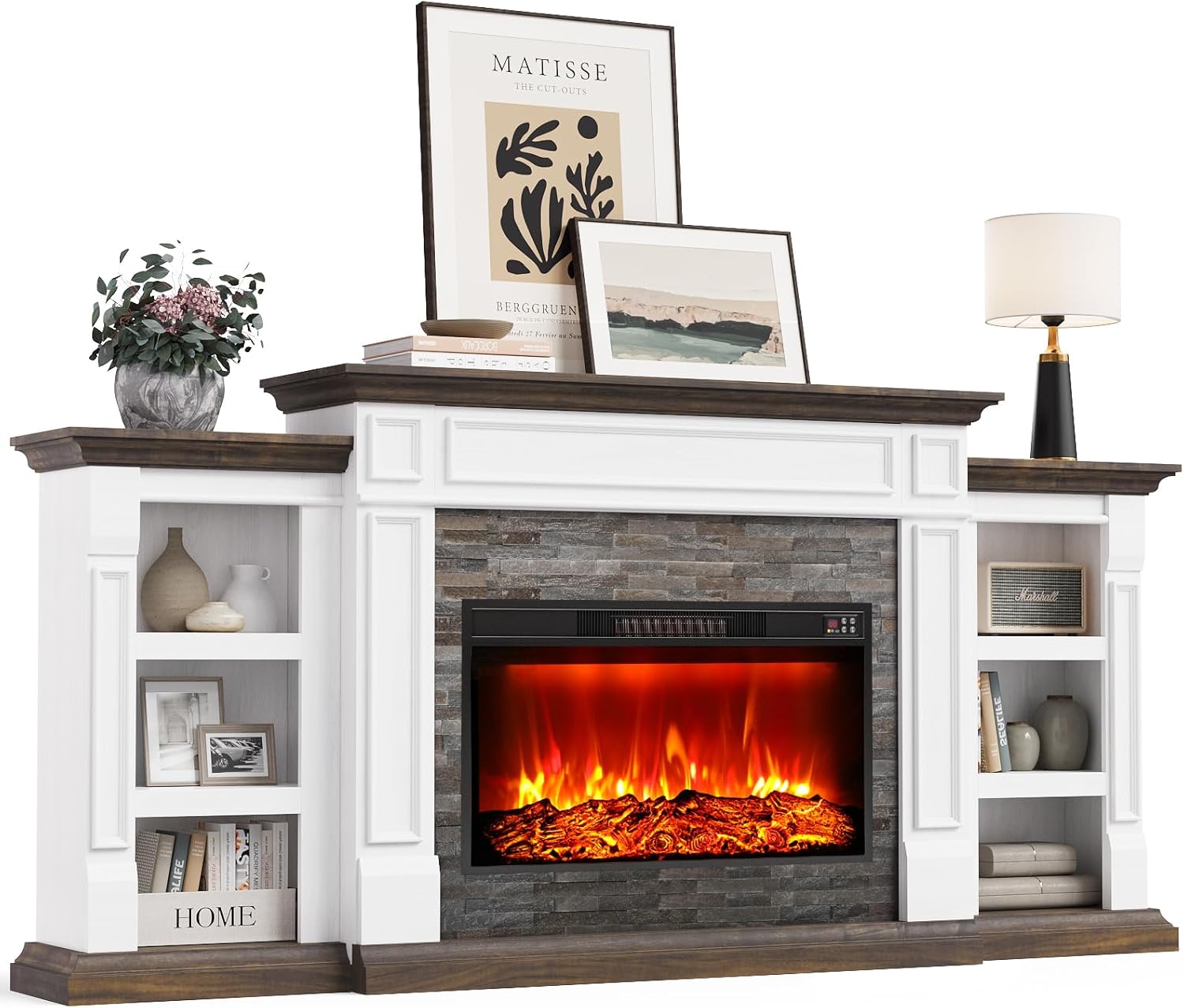 Naice 80 Electric Fireplace with Mantel and Cabinets, Fireplace TV Stand for Living Room Bedroom, Stacked Stone Surround and Remote Control 3D Realistic Flame, White&Brown