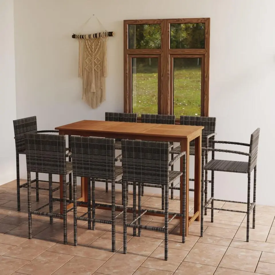vidaXL - Tuinbarset met Armleuningen - Grijs Poly Rattan - 150x70 cm - 9 St.
