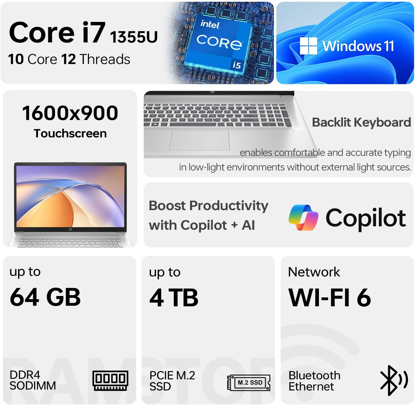 HP 17 Laptop  17.3 HD+ Touchscreen Display  12th Gen Intel Core i7-1255U  64GB RAM  2TB SSD  Webcam  HDMI  SuperSpeed USB Ports  Wi-Fi 6  Windows 11 Home  Silver