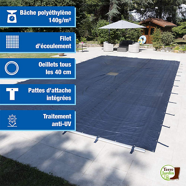 Couverture protection et hivernage pour piscine rectangulaire avec filet d'écoulement - Anti-UV