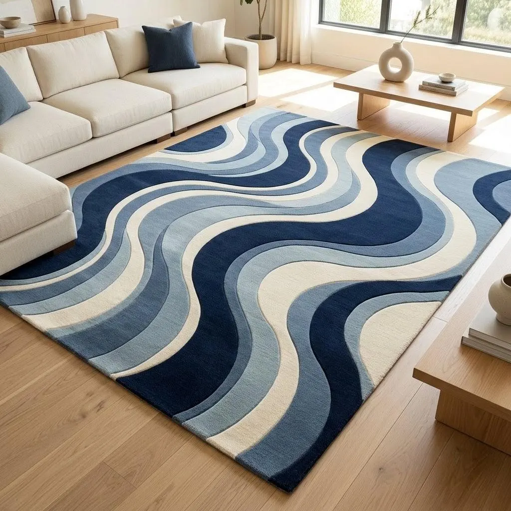 Modern Wave Area Rug, Hand-Tufted New Zealand Wool, Navy Blue Cream Abstract Carpet, Plush Luxury Living Room Decor, 8x10 9x12 Custom Sizing