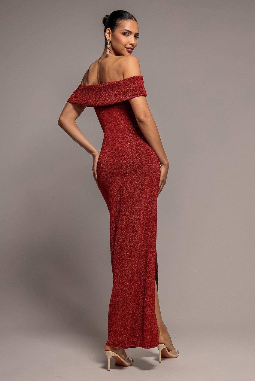 Goddiva Sparkle Bardot Maxi With Waterfall Ruffle