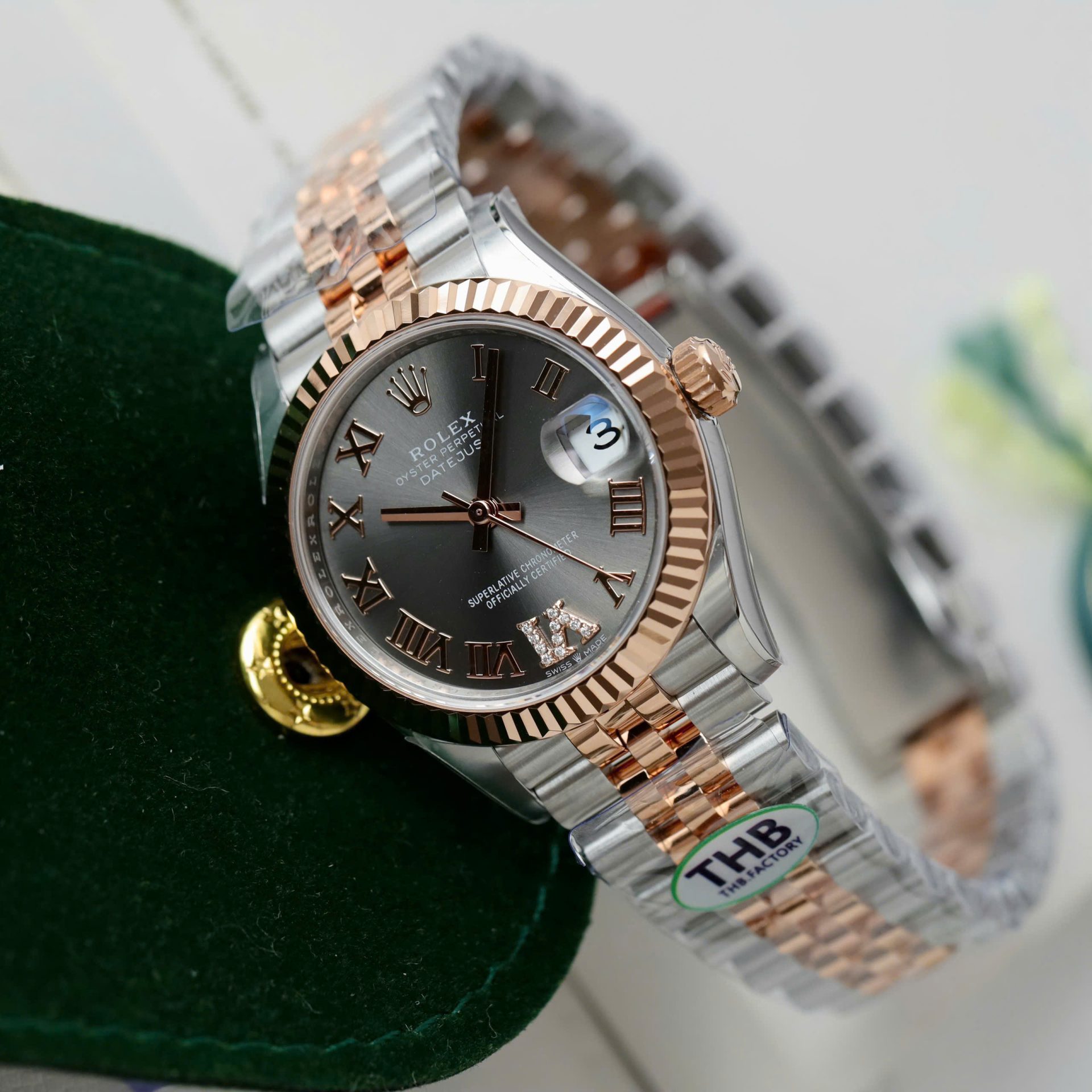 Rolex Datejust SS/RG Plated Grey Dial CZ Diamonds 31mm Jub THBF Replica