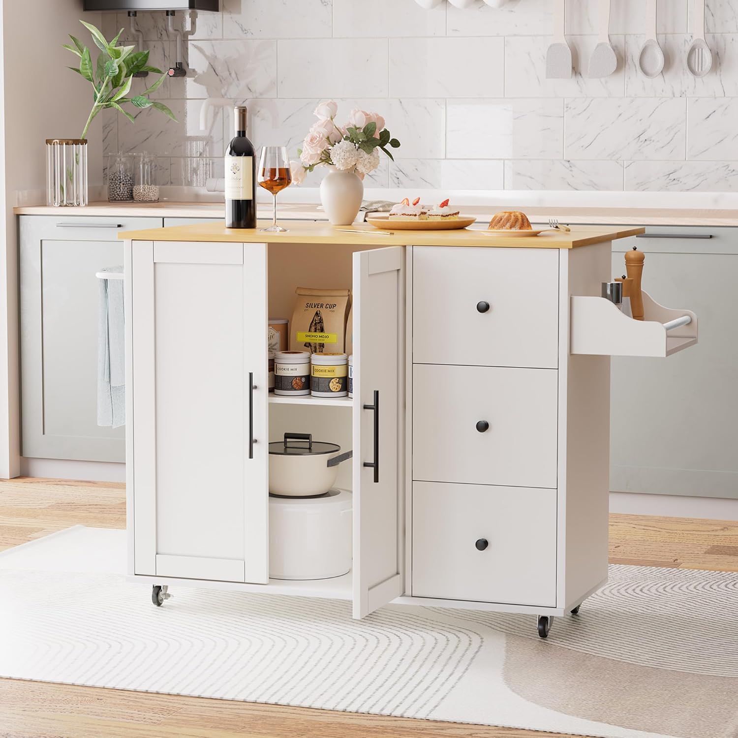GRUSIGN Kitchen Island on Wheels with Storage-Multifunctional Kitchen Island Cart with Drop Leaf, Rolling Island with Spice/Towel Rack,Expandable Island Table Kitchen,39.37 Width,White