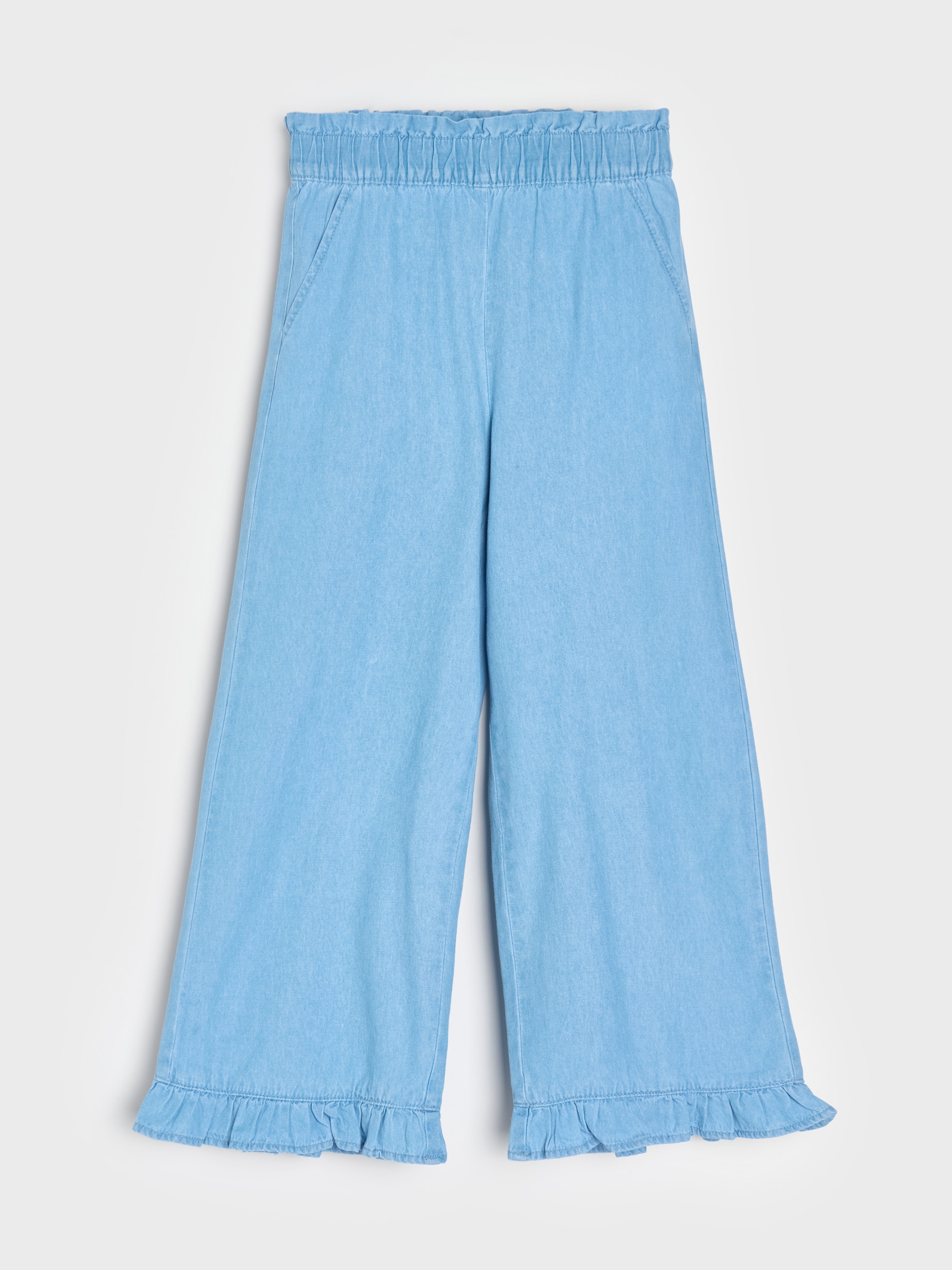 Jeansy wide leg z ozdobnymi falbanami
